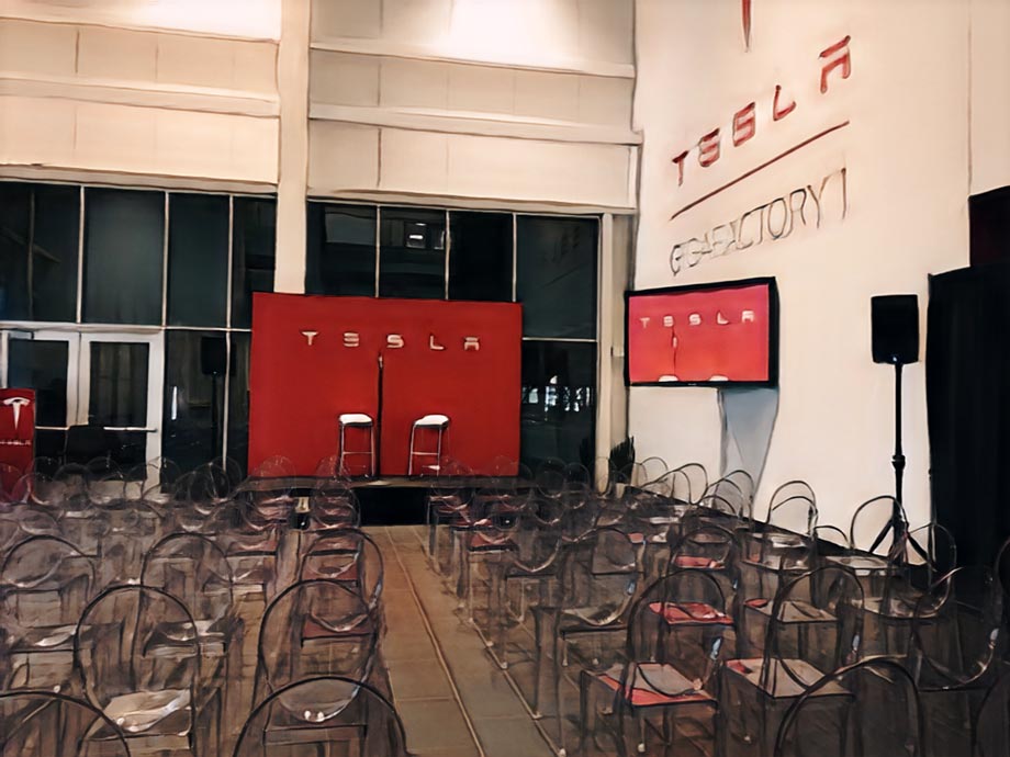 Tesla investor relations stage at Gigafactory 1 before anyone had arrived for showtime