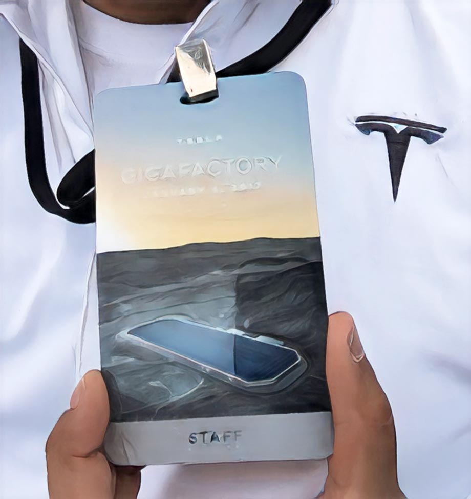 Manny's Tesla staff badge for the Jan. 4th, 2017 investor relations event