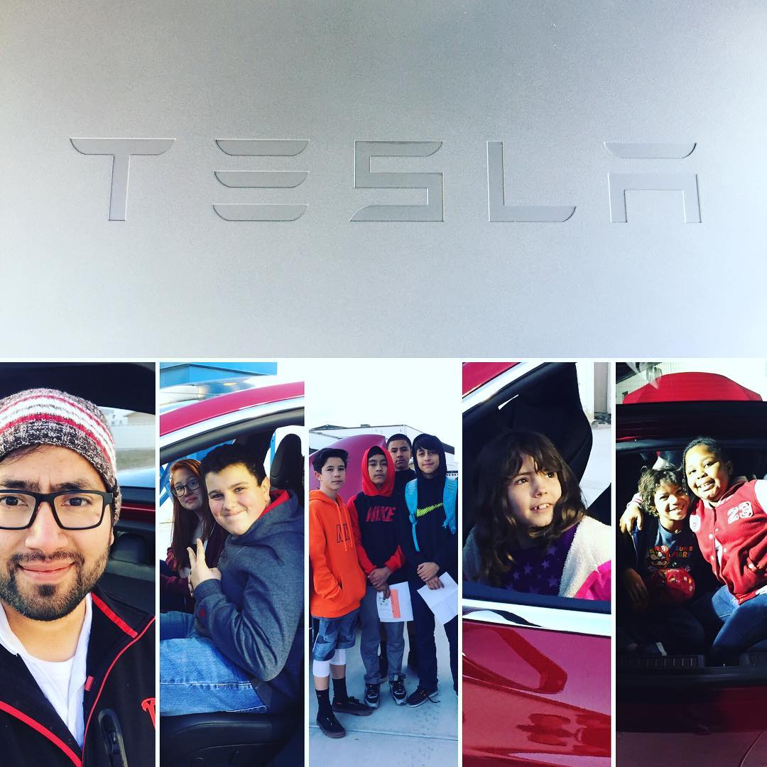 Collage of students in a Tesla Model S at the annual Fernley STEM Festival at Fernley High School
